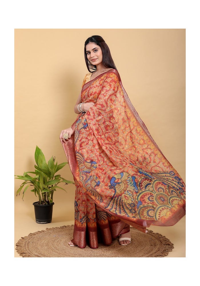 Malishka Export Vibrant Red Artistic Peacock Saree for Women - Image 4